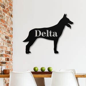 Belgian Malinois Custom Name Sign, Personalized Belgian Malinois Gifts, Malinois Silhouette Metal Wall Art, Custom Text Last Name Metal Sign