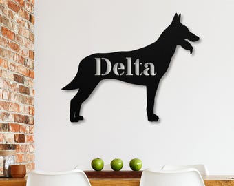 Belgian Malinois Custom Name Sign, Personalized Belgian Malinois Gifts, Malinois Silhouette Metal Wall Art, Custom Text Last Name Metal Sign