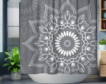 Boho Shower Curtain, Mandala Flower Bohemian Shower Curtain, Gray Boho Chic Bathroom Decor, Grey Hippie Shower Curtain, Bohemian Bathroom
