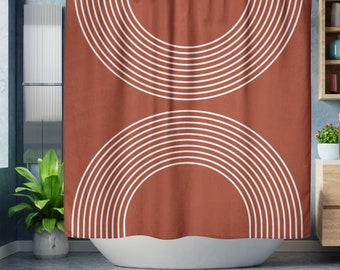 Rust Boho Shower Curtain, Mid Century Modern Rainbows Mcm Retro Shower Curtain, Terracotta Red Mid Mod Funky Home Decor, Midcentury Bathroom