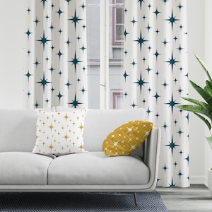 Mid Century Modern Boho Curtains, Retro Blackout Curtains, Dark Teal Atomic Starburst Sheer Curtains, Vintage Style 50s 60s Funky Decor