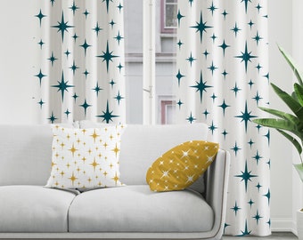 Mid Century Modern Boho Curtains, Retro Blackout Curtains, Dark Teal Atomic Starburst Sheer Curtains, Vintage Style 50s 60s Funky Decor