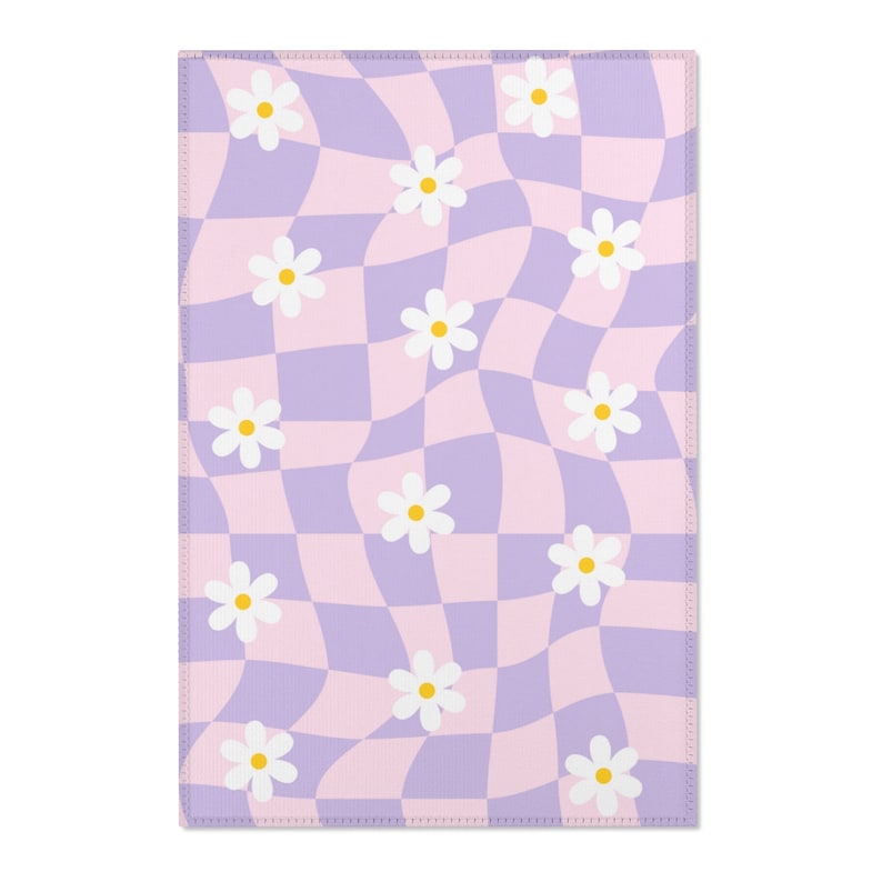 Checkered Rug, Preppy Room Decor, Purple Pink Wavy Checkerboard Rug, Daisy Flower Cute Rug, Danish Pastel Room Decor, Aesthetic Y2K Area Rug 24x36 inches
