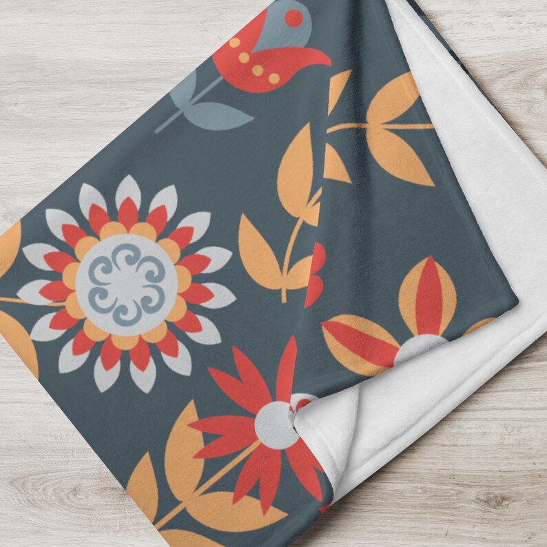 Scandinavian Folk Art Throw Blanket Retro Floral Norwegian Etsy