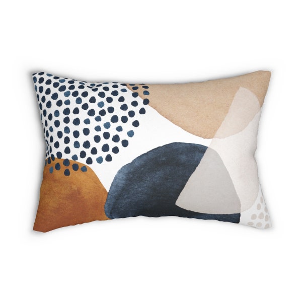 Boho Chic Abstract Art Lumbar Pillow, Aesthetic Throw Pillow Cover with Watercolor Shapes in Navy Burnt Orange Beige, Decorative Pillow Case