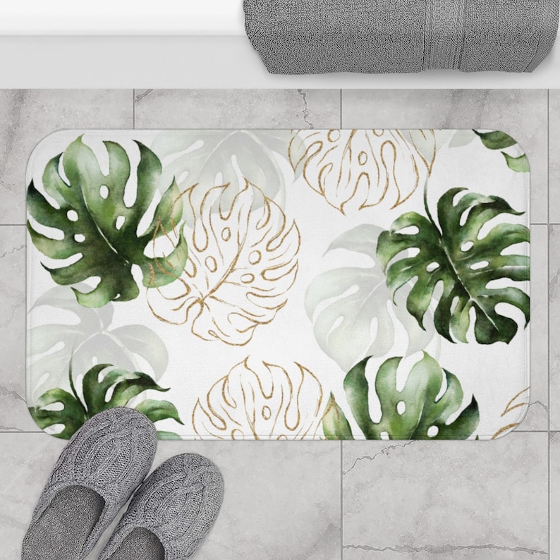 Tropical Leaves Green and Gold Brown Bath Mat Non-slip Modern - Etsy