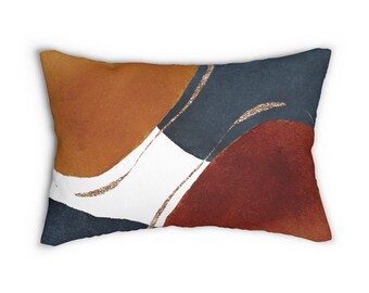 Abstract Art Lumbar Pillow, Boho Throw Pillow Cover with Watercolor Shapes in Orange Rust Navy Gold, Bohemian Chic Decorative Pillow Case