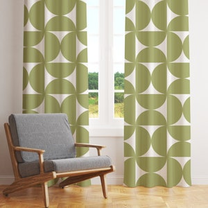 Mid Century Modern Curtains, Retro Boho Blackout Curtains, Olive Green White Geometric Bauhaus Sheer Curtains, Vintage Style Mod Funky Decor