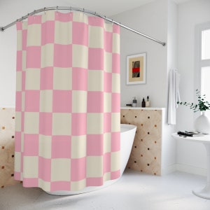 Pink Yellow Checkered Boho Shower Curtain, Retro Shower Curtain, Indie Aesthetic Danish Pastel Bathroom, Blush Pink Funky Abstract Y2K Decor