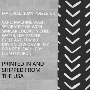 May include: White text on a grey background with instructions for caring for a polyester fabric. The text reads "MATERIAL: 100% POLYESTER CARE: MACHINE WASH SEPARATELY OR WITH SIMILAR COLORS IN COLD WATER, USE GENTLE CYCLE AND TUMBLE DRY ON LOW OR AIR DRY. DO NOT BLEACH, DRY CLEAN OR IRON. PRINTED IN AND SHIPPED FROM THE USA". The background is a black and white chevron pattern.