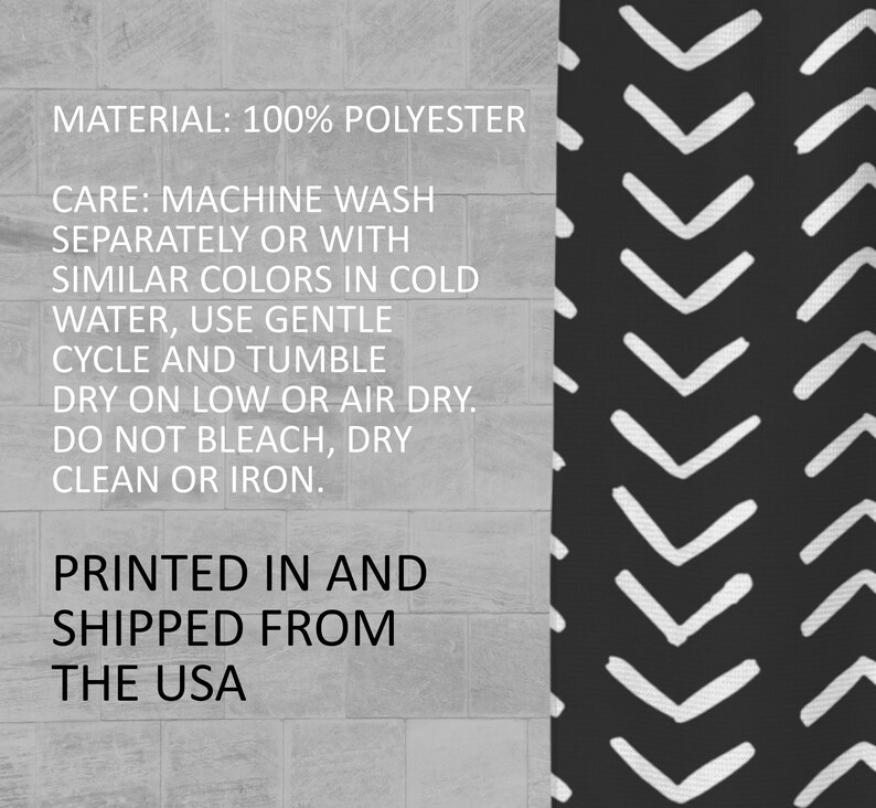 May include: White text on a grey background with instructions for caring for a polyester fabric. The text reads "MATERIAL: 100% POLYESTER CARE: MACHINE WASH SEPARATELY OR WITH SIMILAR COLORS IN COLD WATER, USE GENTLE CYCLE AND TUMBLE DRY ON LOW OR AIR DRY. DO NOT BLEACH, DRY CLEAN OR IRON. PRINTED IN AND SHIPPED FROM THE USA". The background is a black and white chevron pattern.
