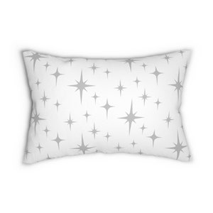 Retro Lumbar Pillow, Gray and White Atomic Starburst Mid Century Modern Boho Throw Pillow Cover, Grey 1950s 1960s Vintage Style Home Decor