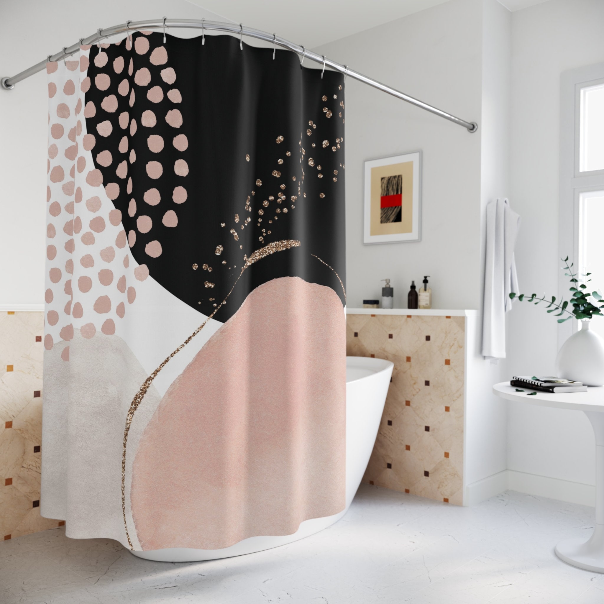 Abstract Art Shower Curtain, Boho Chic Modern Watercolor Shapes in…