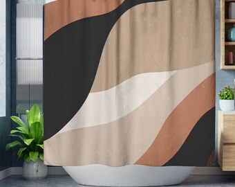 Abstract Art Shower Curtain, Burnt Orange, Beige and Black Modern Bohemian Shower Curtain, Vintage Style Distressed Retro Shower Curtain