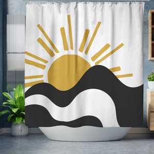 Boho Shower Curtain, Mid Century Modern Abstract Sunrise and Hills, Minimalist Sunset Bohemian Shower Curtain