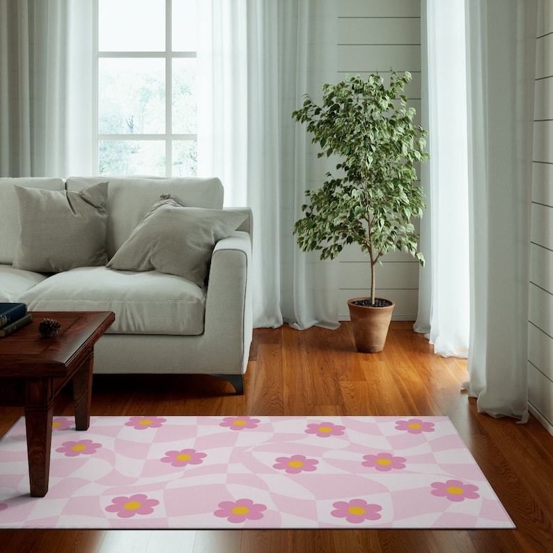 Pink Checkered Rug, Checkerboard Flower Rug, Cute Rug, Danish Pastel Room Decor, Y2K Decor Area Rug, Indie Room Decor Aesthetic Teen Dorm image 2