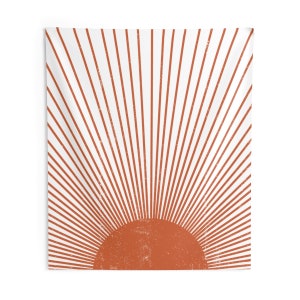 Mid Century Modern Sun Boho Tapestry, Burnt Orange Lightweight Retro Wall Hanging, Vintage Style Distressed Grunge Bohemian Chic Sunburst