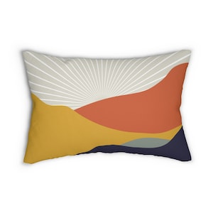 Mountain Sunset Boho Lumbar Pillow, Abstract Shapes Mid Century Modern Pillow Cover, Burnt Orange Mustard Navy Retro Bohemian Pillow Case