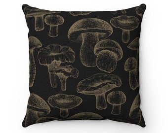 Mushroom Pillow, Cottagecore Decor Bedroom, Vintage Illustration Aesthetic Mushroom Decor, Brown and Black Fungi Botanical Pillow Cover Case