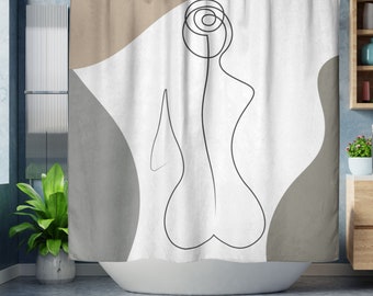 Female Body Line Art Boho Shower Curtain, Abstract Art Woman Modern Bohemian Shower Curtain, Minimalist Bathroom