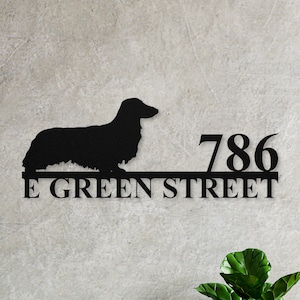 Long Haired Dachshund Custom Metal Address Sign for House, Dachshund Gift, Personalized Doxie Decor Metal Wall Art, Wiener Weiner Dog Gifts