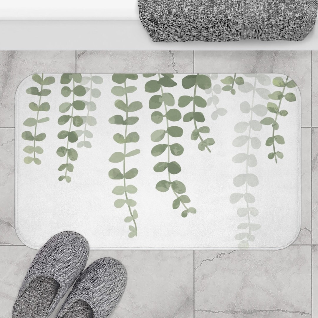 Modern Farmhouse Bath Mat, Eucalyptus Botanical Minimalist Bathroom Rug, Hanging Vine Green