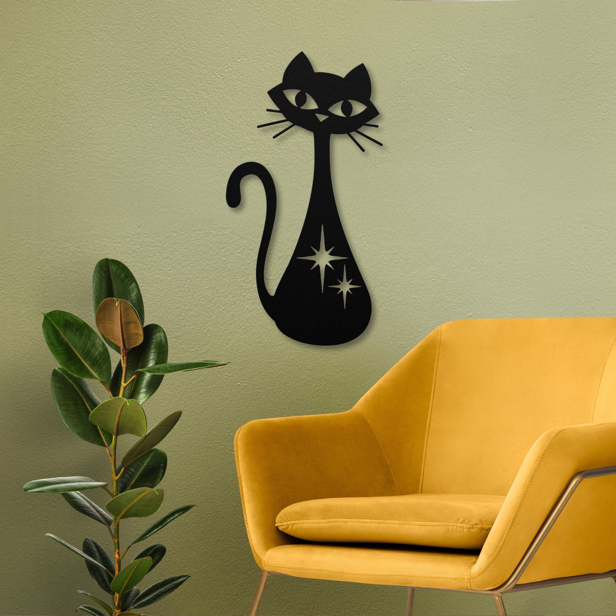 Atomic Cat Mid Century Modern Metal Wall Art, Mcm Starburst Retro