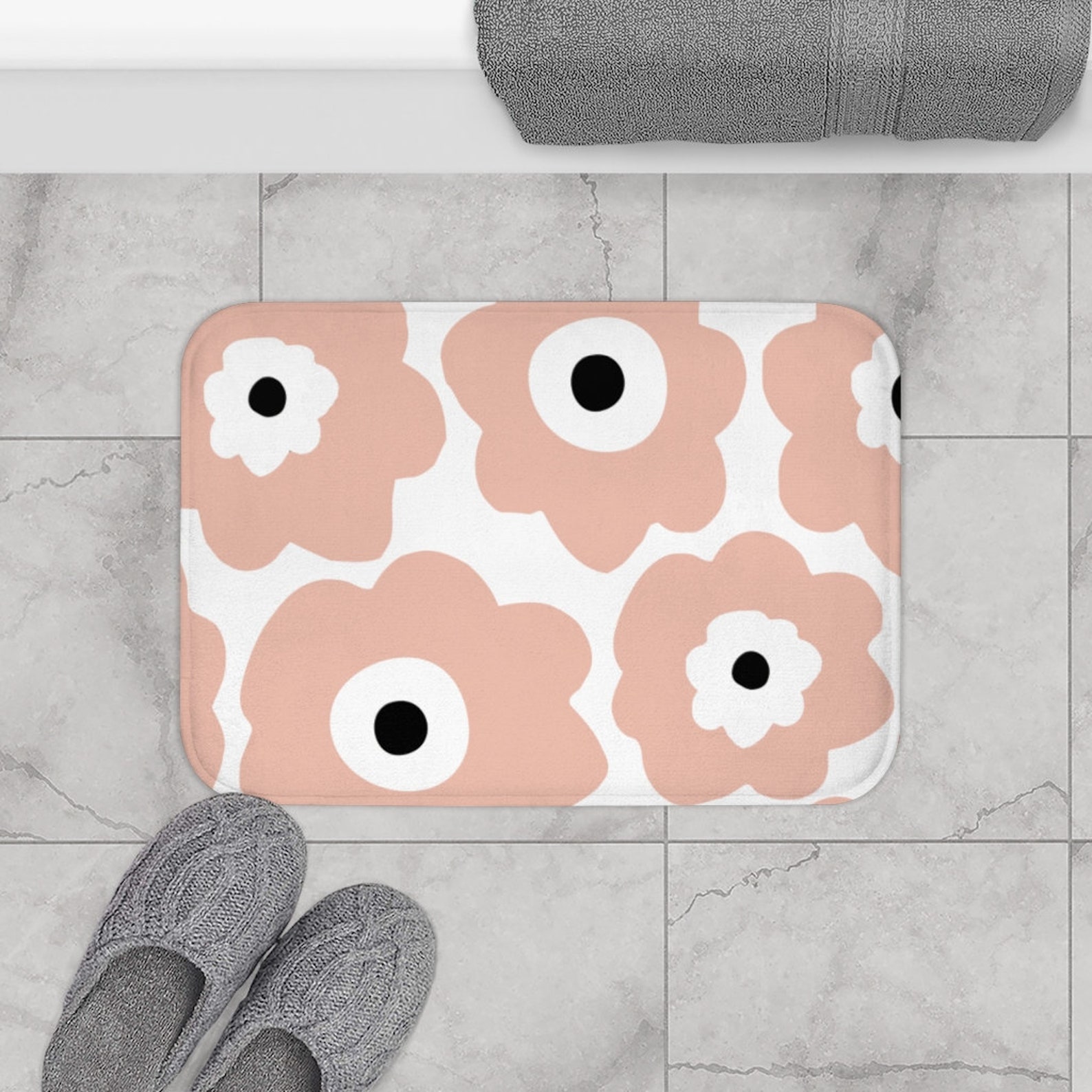 Boho Bath Mat Retro Poppies Bohemian Bath Mat Pink Black and Etsy.de