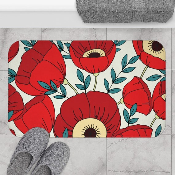 Boho Bath Mat, Retro Poppies Bohemian Bath Mat, Red Green White