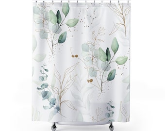 Elegant Farmhouse Shower Curtain, Eucalyptus Botanical Green Gold Modern Minimalist Watercolor Leaves and Vines, Chic Floral Bathroom