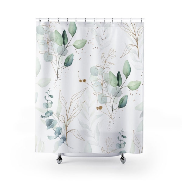 Elegant Farmhouse Shower Curtain, Eucalyptus Botanical Green Gold Modern Minimalist Watercolor Leaves and Vines, Chic Floral Bathroom