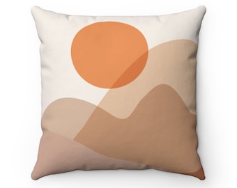 Boho Throw Pillow, Terracotta Burnt Orange and Beige Mid Century Modern Abstract Mountain Sunset Pillow Cover, Bohemian Decorative Pillow