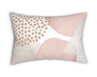 Boho Chic Abstract Art Lumbar Pillow, Aesthetic Throw Pillow Cover with Watercolor Shapes in Pastel Pink Beige Ivory, Decorative Pillow Case