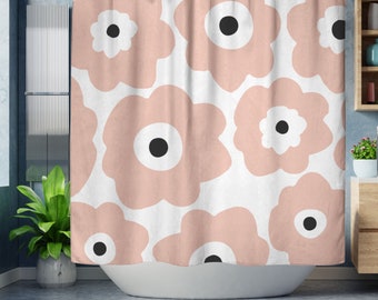 Floral Retro Shower Curtain, Abstract Poppies Boho Shower Curtain, Pink Black and White Modern Botanical Bohemian Shower Curtain