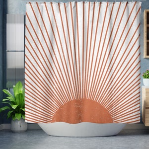 Boho Shower Curtain, Mid Century Modern Sun Bohemian Retro Shower Curtain, Mustard Yellow Vintage Style Distressed Sunburst, Grunge Sunrays Burnt Orange