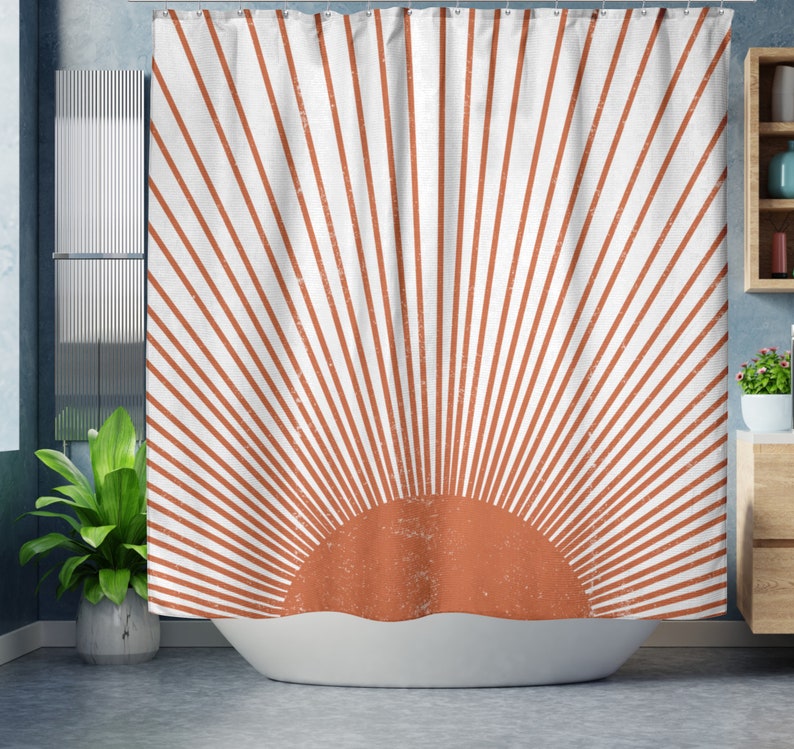 Boho Shower Curtain, Mid Century Modern Sun Bohemian Retro Shower Curtain, Mustard Yellow Vintage Style Distressed Sunburst, Grunge Sunrays Burnt Orange