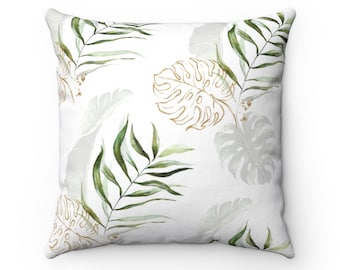 Tropical Pillow Cover, Boho Throw Pillow Cover w/ Watercolor Monstera Palm Leaves, Botanical Bohemian Chic Green Gold Decorative Pillow Case