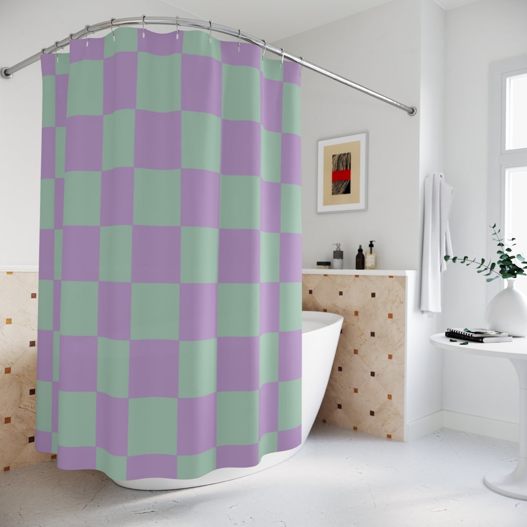 Sage Green Purple Checkered Boho Shower Curtain Retro Shower Etsy