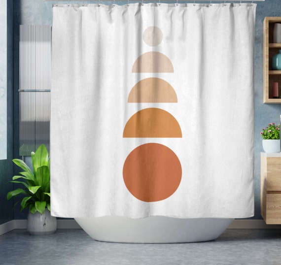 Abstract Shapes Modern Shower Curtain, Terracotta Orange Beige Boho Shower Curtain, Minimalist Bohemian Bathroom
