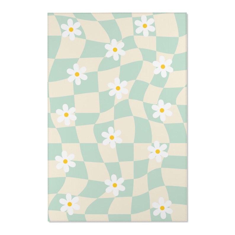 Sage Green Yellow Checkered Rug Checkerboard Daisy Flower Etsy