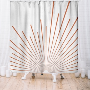 Burnt Orange Sunset Boho Shower Curtain, Sunburst Minimalist Bohemian Shower Curtain, Modern Abstract Sunrays