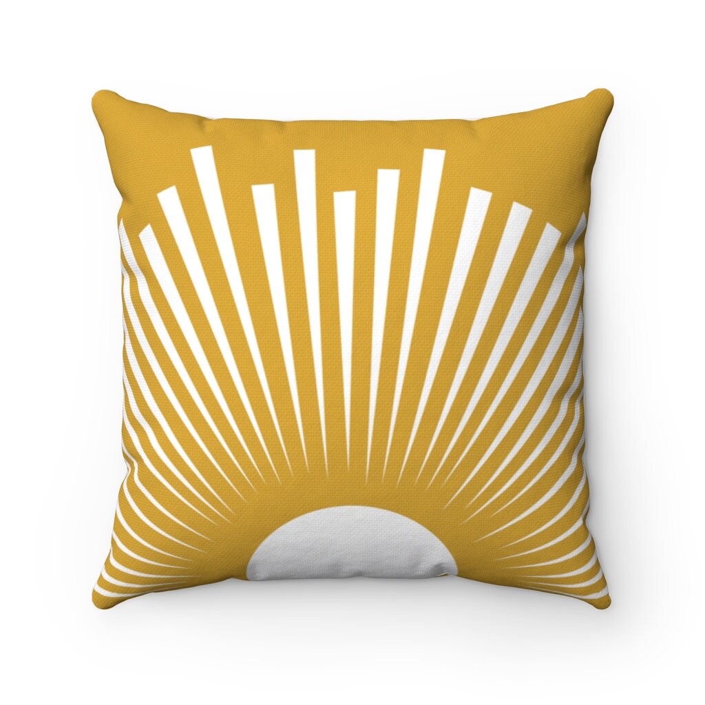 Boho Throw Pillow, Mustard Yellow and White Mid Century Modern Sunset Throw Pillow Cover, Sunburst Retro Decorative Pillow, Bohemian Decor