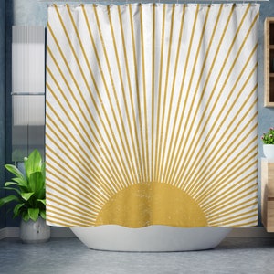 Boho Shower Curtain, Mid Century Modern Sun Bohemian Retro Shower Curtain, Mustard Yellow Vintage Style Distressed Sunburst, Grunge Sunrays Mustard Yellow