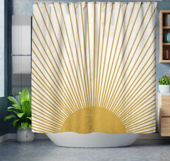 Boho Shower Curtain, Mid Century Modern Sun Bohemian Retro Shower Curtain, Mustard Yellow Vintage Style Distressed Sunburst, Grunge Sunrays