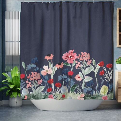 Pink and Navy Floral Shower Curtain Etsy
