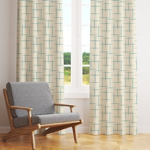 Mid Century Modern Curtains, Retro Boho Blackout Curtains, Cream Aqua Atomic Starburst Sheer Curtains, Vintage Style 50s 60s 70s Funky Decor
