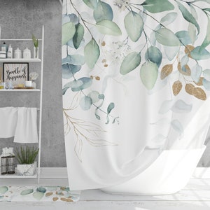 Eucalyptus Botanical Gold and Green Shower Curtain, Modern Minimalist Watercolor Leaves and Vines, Farmhouse Decor