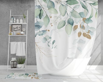 Eucalyptus Botanical Gold and Green Shower Curtain, Modern Minimalist Watercolor Leaves and Vines, Farmhouse Decor