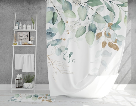 Eucalyptus Botanical Gold and Green Shower Curtain, Modern Minimalist Watercolor Leaves and Vines, Farmhouse Decor