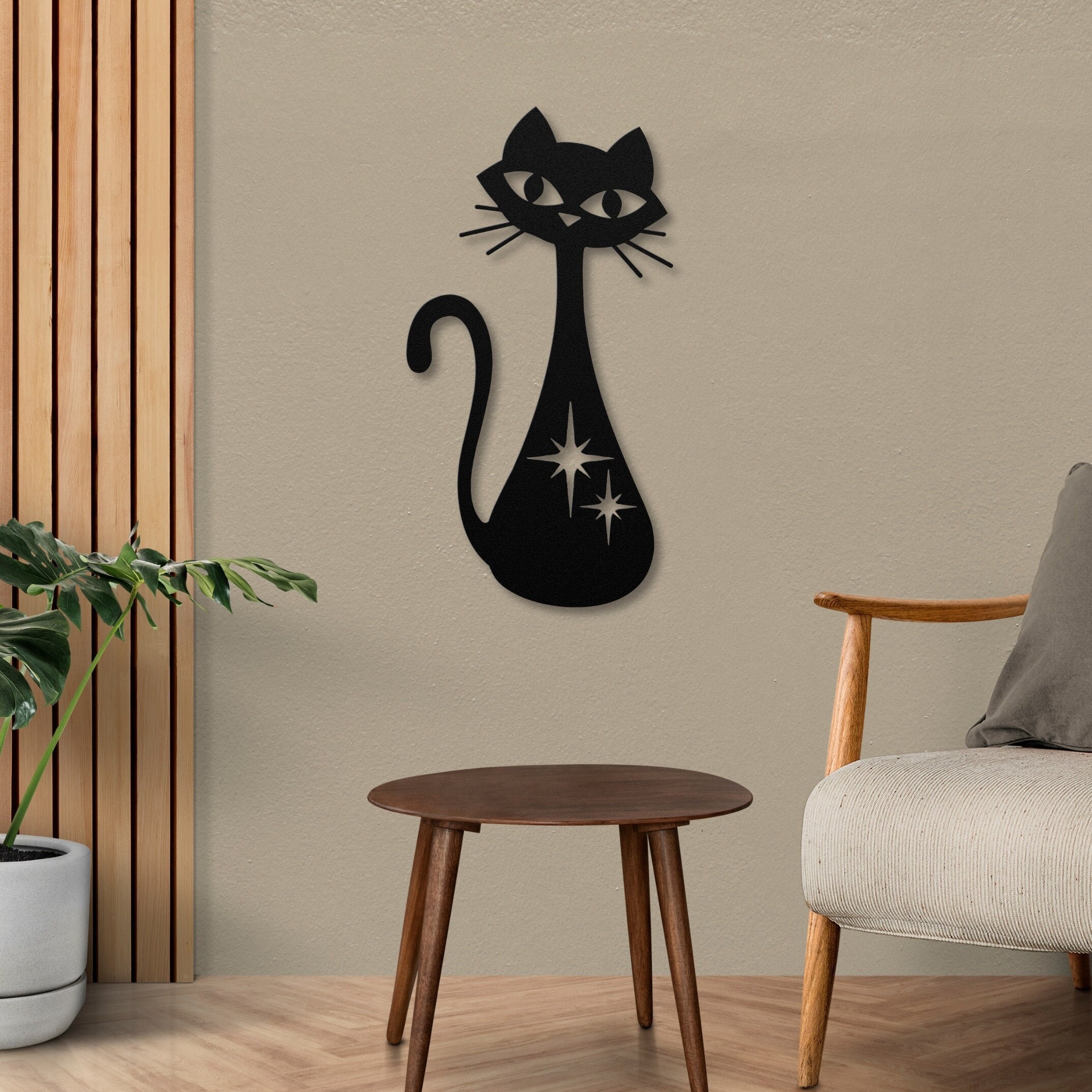 Arte Murale In Metallo Personalizzata - Gatto Nero Con Luna E Stelle - Decorazione Da Esterno/Interno Con Cognome - 3